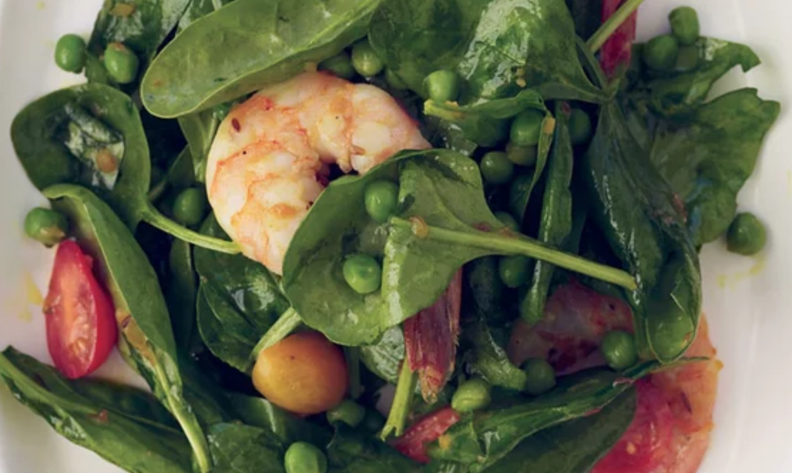 Shrimp, pea, spinach salad with chilie dressing